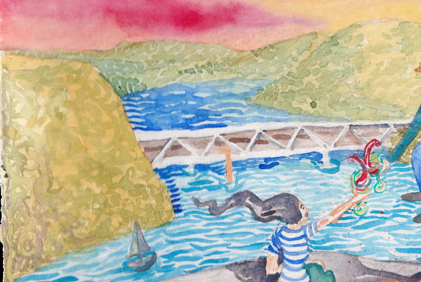 Detalle de la etiqueta: el río, el puente y el barco