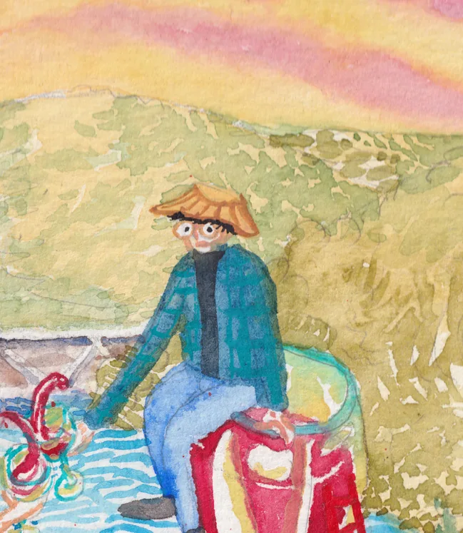Detalle de la etiqueta: Eli Levy con su sombrero